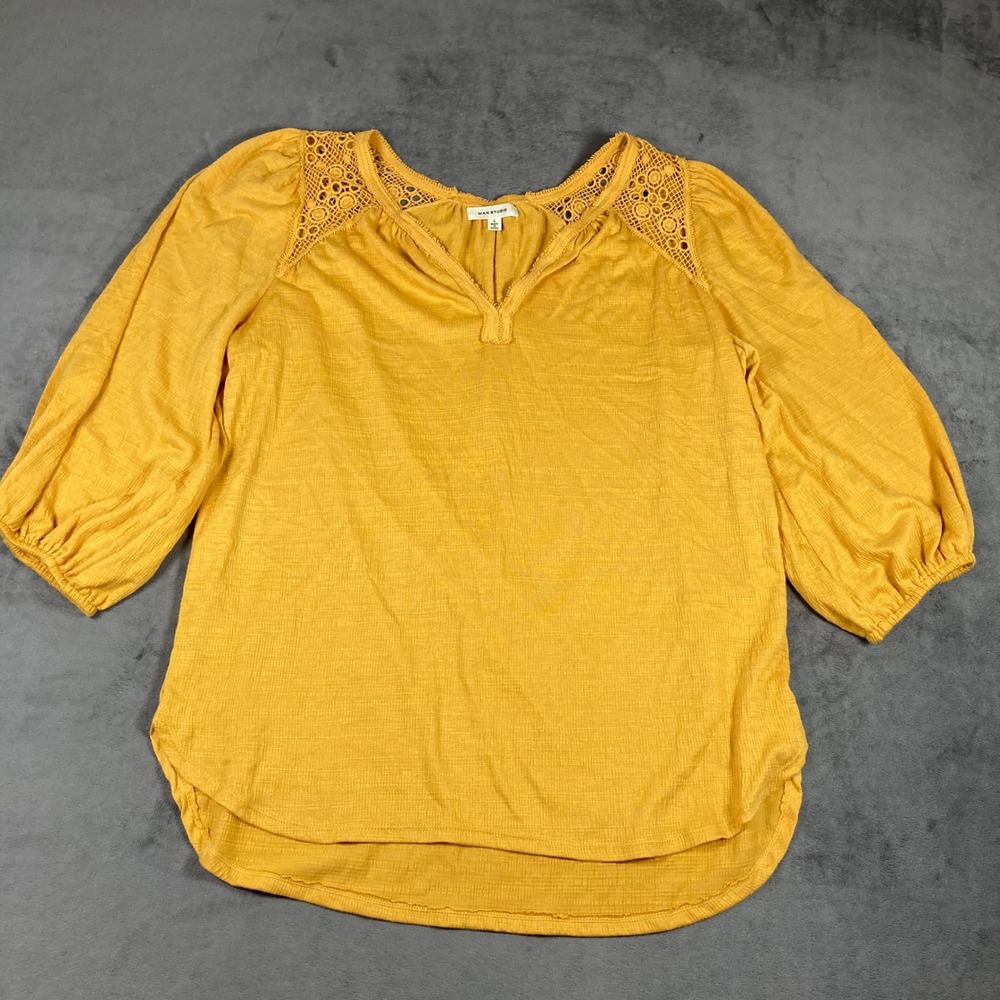 Max Studio Mustard Yellow Crochet Lace Shoulder 3/4 Sleeve Blouse L